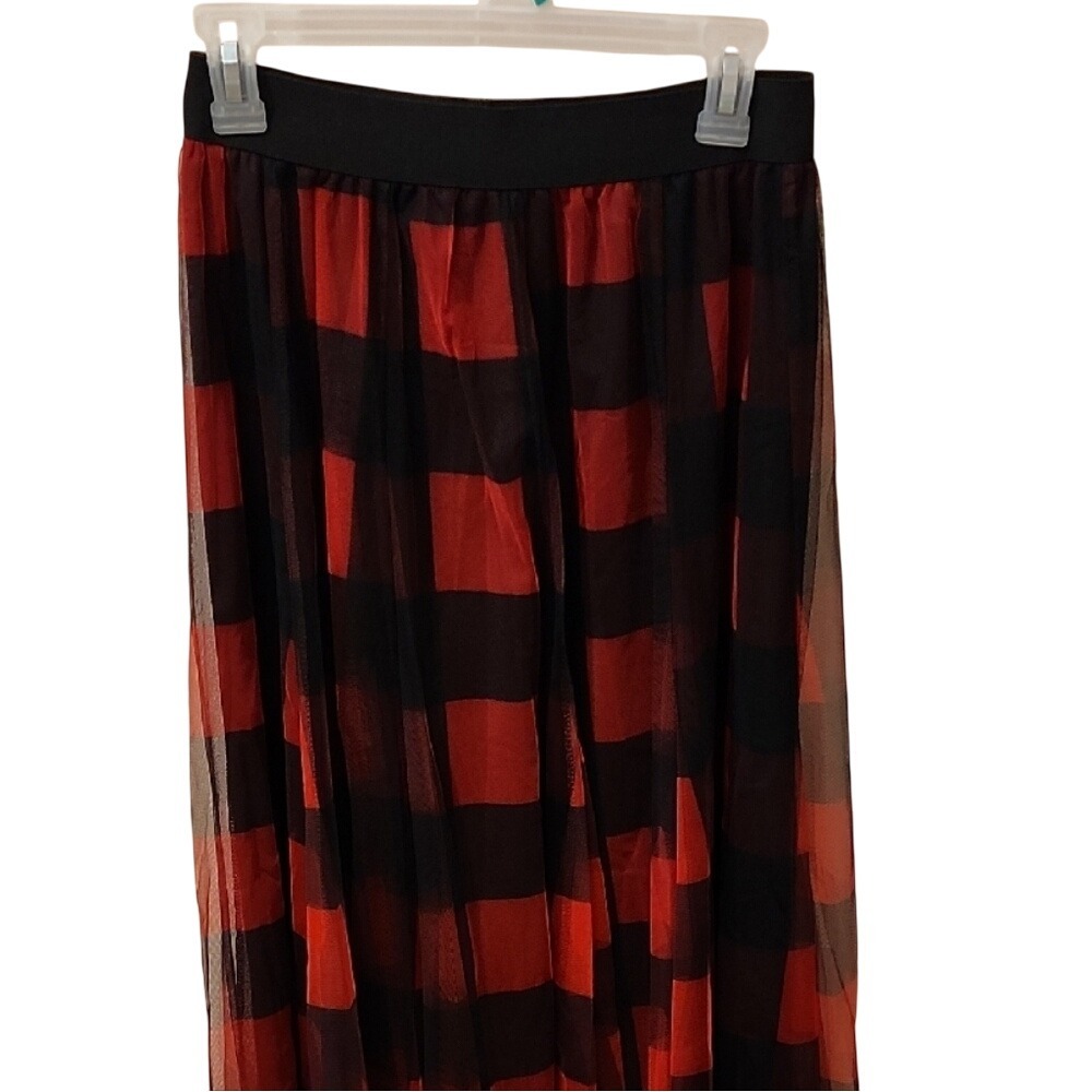 TABA Black‎ Red Plaid Tulle Maxi Skirt Elastic Waist Long Casual Party
